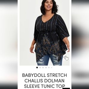 Babydoll Stretch Challis Dolman Sleeve Tunic Top
